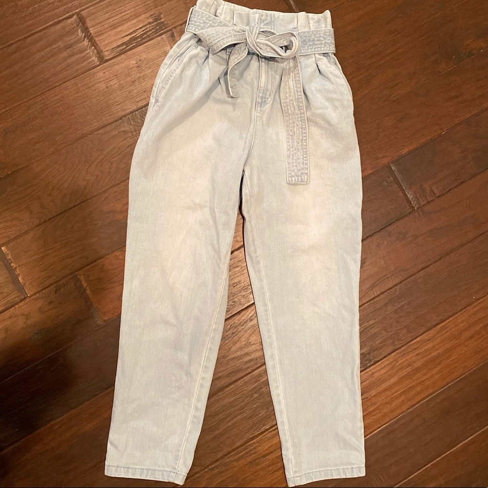 Light wash straight leg jeans with tie-front